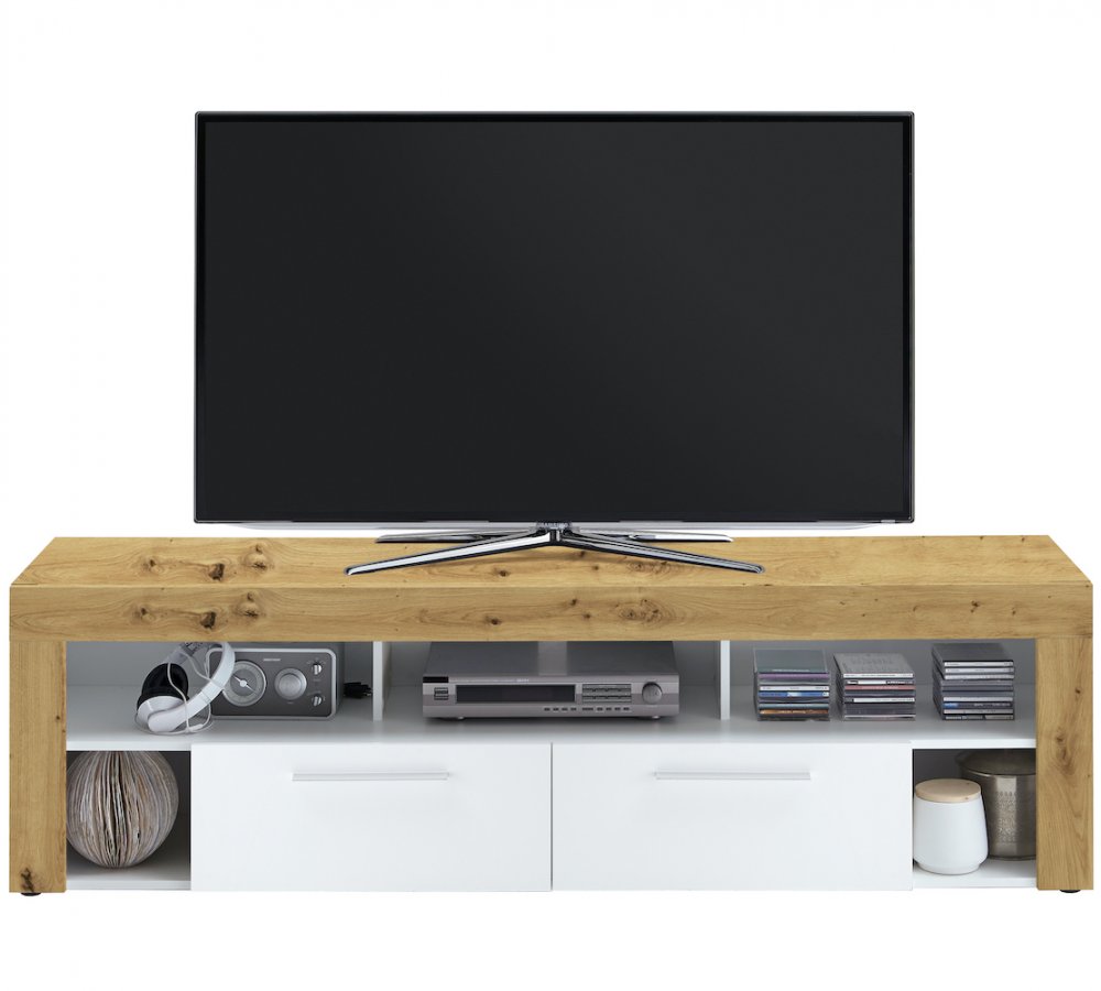 Meuble TV VALEE coloris chêne et blanc 2 tiroirs 1 plateau fixe 